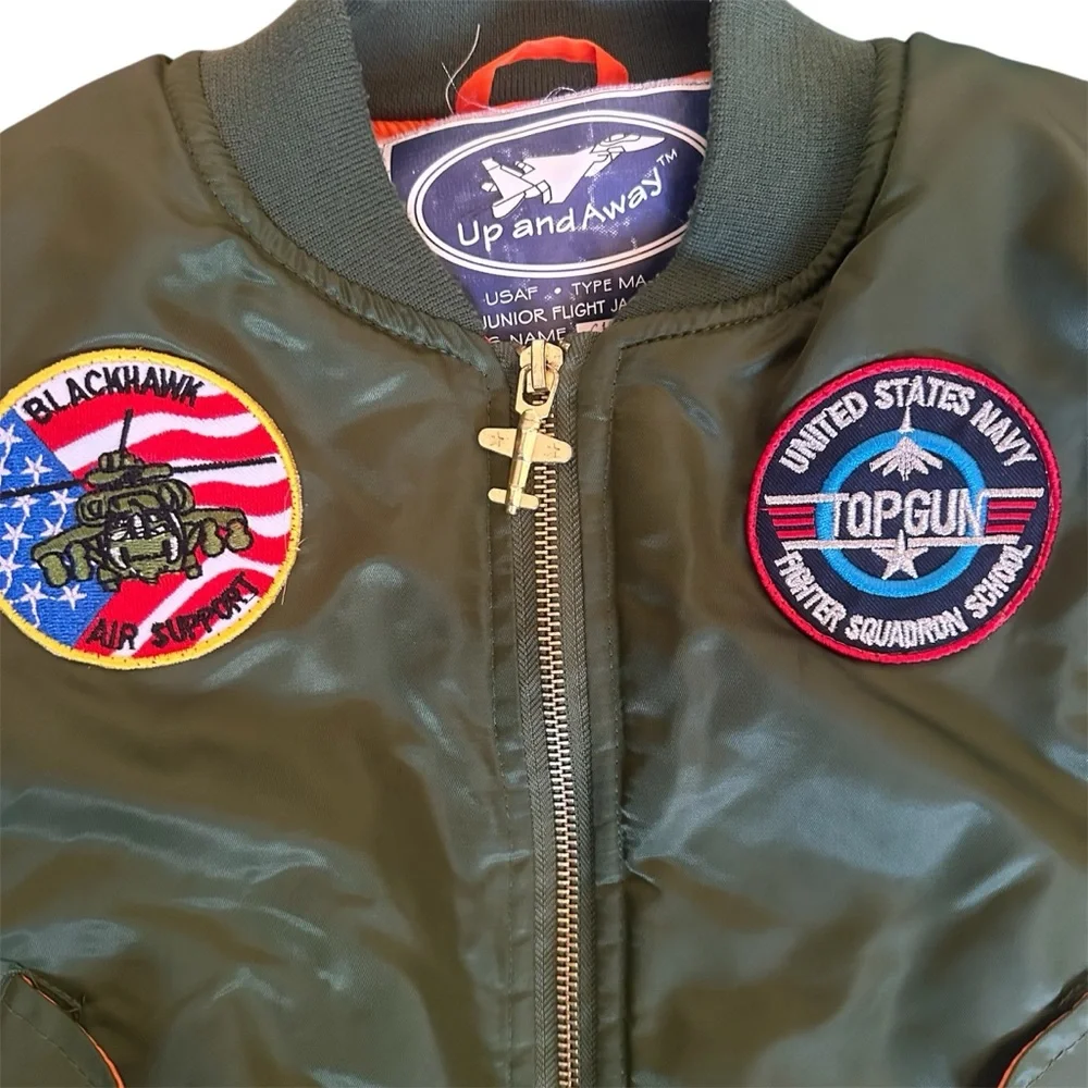 Up and Away Medium-Weight MA-1 Flight Bomber Jacket in Green With Seven Patches - Picture 3 of 4
